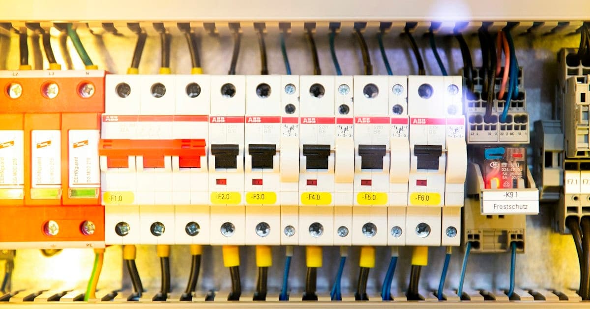 Open consumer unit showing a row of labelled circuit breakers and coloured wiring on a busbar
