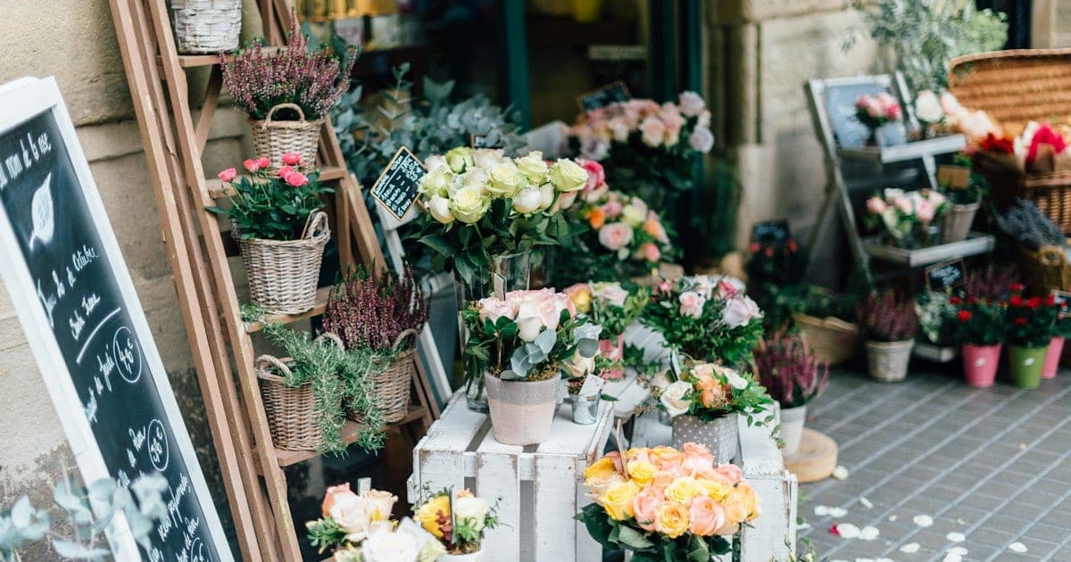 Pavement display outside a flower shop with buckets of roses, potted heather and a chalkboard