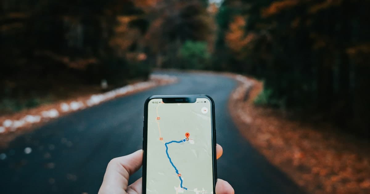 A hand holding a phone showing a map with a red location marker, on a winding road through autumn woods