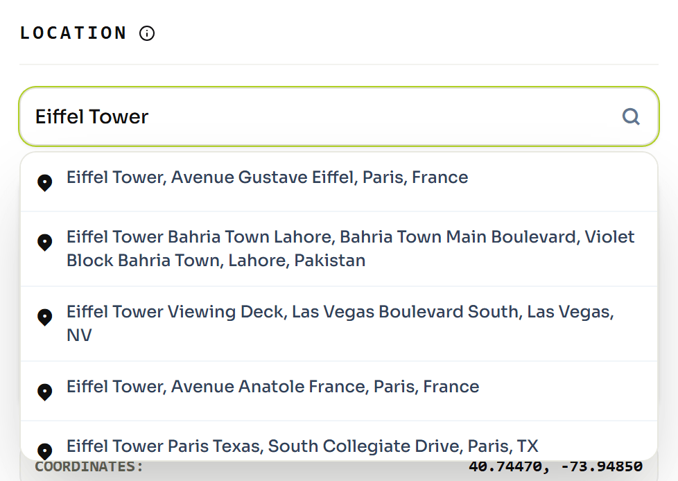 GeotagImg editor location search box with an address typed in and matching suggestions listed