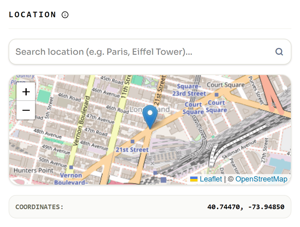 GeotagImg editor map with a pin dropped on a chosen point and the coordinates shown beneath it