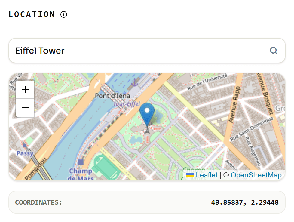 GeotagImg editor map after a place-name search, centred on the matched location