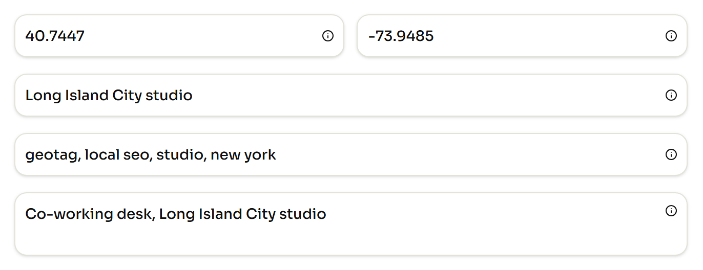 GeotagImg editor metadata panel with the latitude and longitude boxes filled in