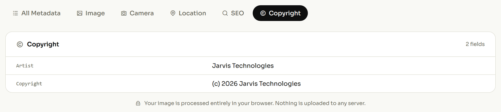 Metadata viewer copyright tab showing only two fields, Artist and Copyright, both stored as EXIF