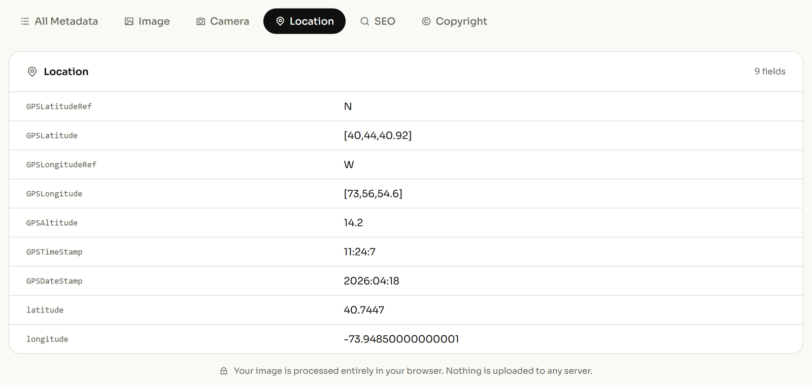 EXIF viewer listing a photo's GPS group, showing latitude, longitude and their N/S and E/W reference letters