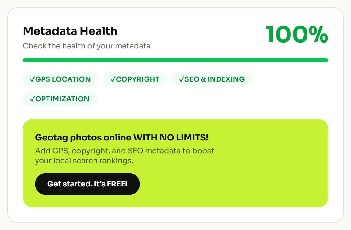 EXIF viewer health check flagging which metadata groups are present and which are missing from a photo
