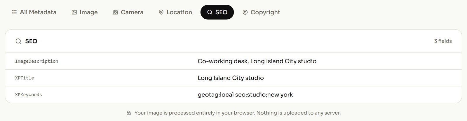 EXIF viewer showing the descriptive caption, headline and keyword fields stored in a photo